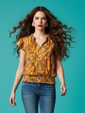 Rose & Olive Paisley Yellow Mustard Smocked Elastic Waist Blouse Top Size M